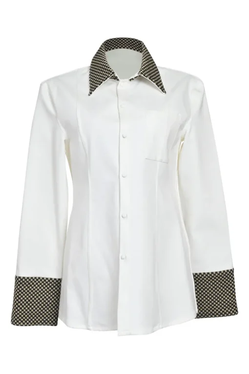 White cotton poplin spread collar button-front shirt with contrasting Dobby weave collar and cuffs