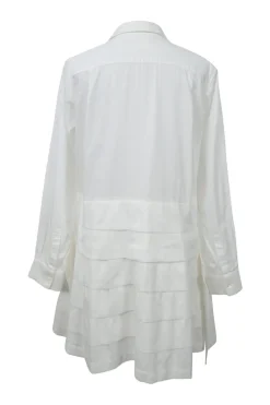 White cotton poplin spread collar button-front tiered shirt dress