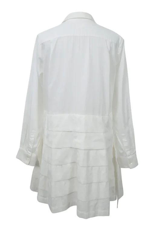 White cotton poplin spread collar button-front tiered shirt dress