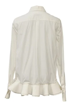 White cotton poplin spread collar button-front swing-style shirt with ruffled hem