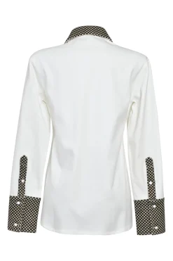 White cotton poplin spread collar button-front shirt with contrasting Dobby weave collar and cuffs