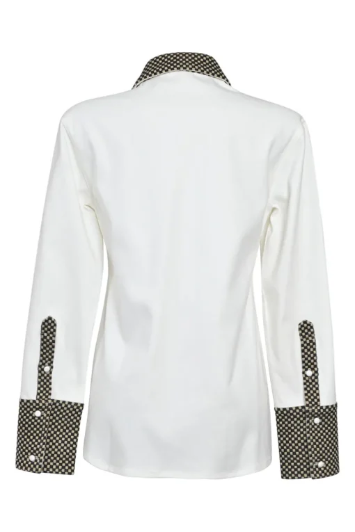 White cotton poplin spread collar button-front shirt with contrasting Dobby weave collar and cuffs