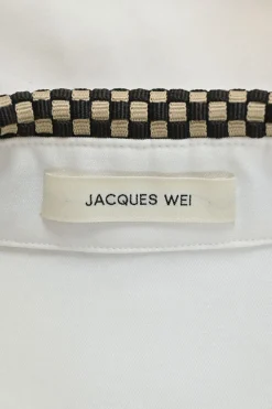 White cotton poplin spread collar button-front shirt with contrasting Dobby weave collar and cuffs