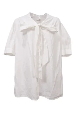 White cotton poplin tie-neck puff sleeve swing-style blouse with concealed button placket