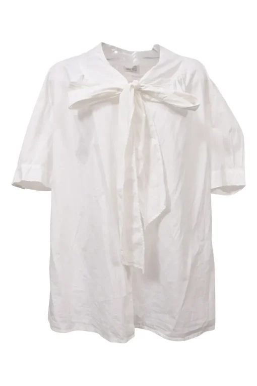 White cotton poplin tie-neck puff sleeve swing-style blouse with concealed button placket