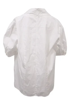 White cotton poplin tie-neck puff sleeve swing-style blouse with concealed button placket