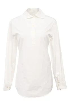 White cotton poplin wing collar half-button shirt