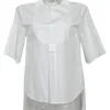 White cotton poplin Y-collar half-sleeve swing-style shirt with tonal round bib