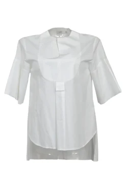 White cotton poplin Y-collar half-sleeve swing-style shirt with tonal round bib