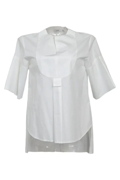 White cotton poplin Y-collar half-sleeve swing-style shirt with tonal round bib