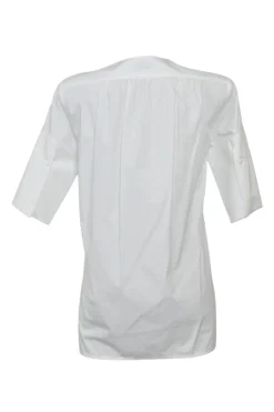 White cotton poplin Y-collar half-sleeve swing-style shirt with tonal round bib