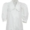 White cotton puffed half-sleeve button-front blouse with tonal Chelsea collar in chevron lace