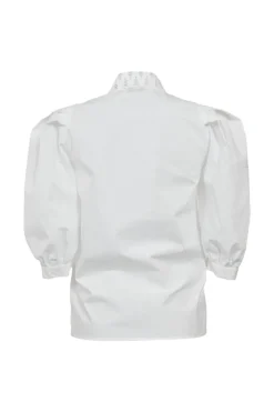 White cotton puffed half-sleeve button-front blouse with tonal Chelsea collar in chevron lace