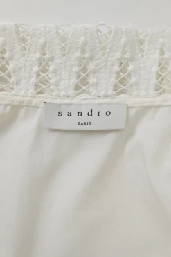 White cotton puffed half-sleeve button-front blouse with tonal Chelsea collar in chevron lace