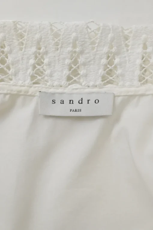 White cotton puffed half-sleeve button-front blouse with tonal Chelsea collar in chevron lace