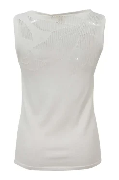 White cotton-blend drop-stitch pointelle scoop neck tank top