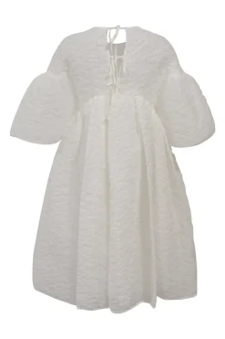 White cotton-blend Florette crinkle matelassé bell sleeve babydoll dress with ribbon-tie back