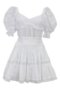 White cotton-blend peek-a-boo puff-sleeve mini bustier dress with Rouleaux trim appliqué