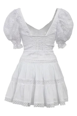 White cotton-blend peek-a-boo puff-sleeve mini bustier dress with Rouleaux trim appliqué