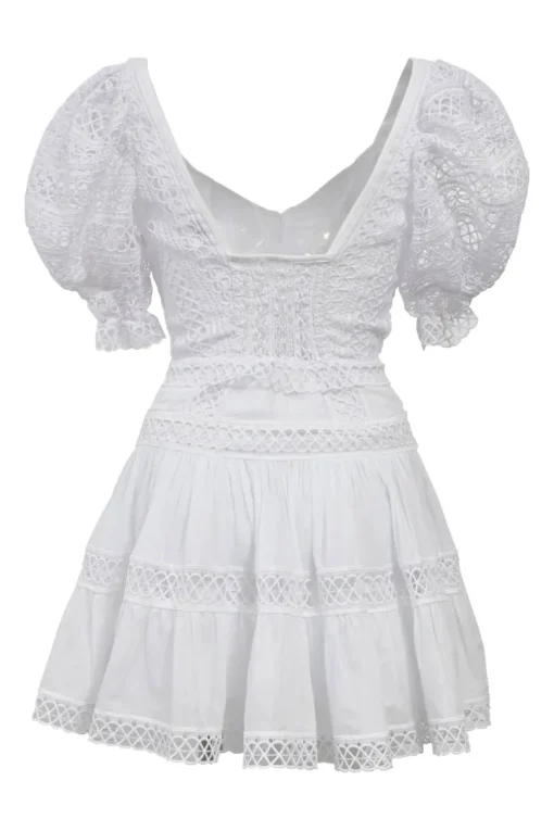 White cotton-blend peek-a-boo puff-sleeve mini bustier dress with Rouleaux trim appliqué