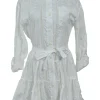 White cotton-blend poplin dagger collar combination-style belted shirt dress with tonal lace inserts and floral broderie motif