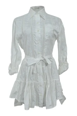 White cotton-blend poplin dagger collar combination-style belted shirt dress with tonal lace inserts and floral broderie motif