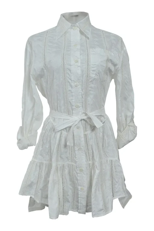 White cotton-blend poplin dagger collar combination-style belted shirt dress with tonal lace inserts and floral broderie motif