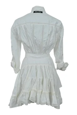 White cotton-blend poplin dagger collar combination-style belted shirt dress with tonal lace inserts and floral broderie motif