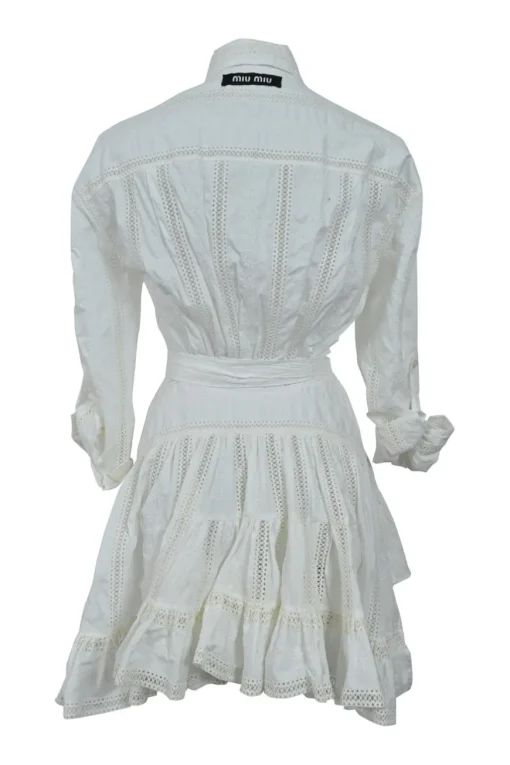 White cotton-blend poplin dagger collar combination-style belted shirt dress with tonal lace inserts and floral broderie motif