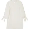 White cotton-blend seersucker pullover tie cuff shift dress