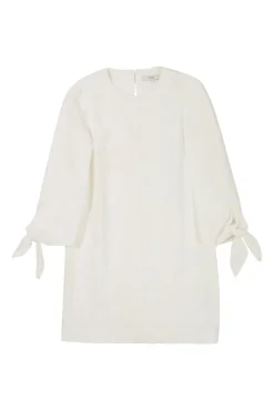 White cotton-blend seersucker pullover tie cuff shift dress