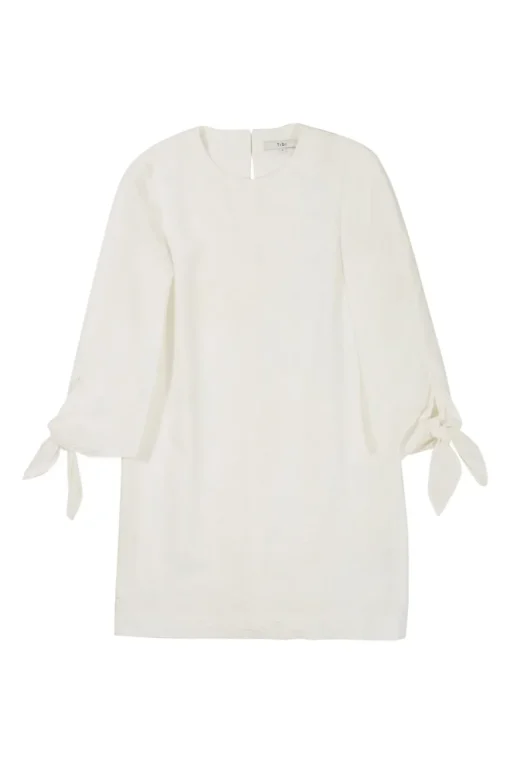 White cotton-blend seersucker pullover tie cuff shift dress