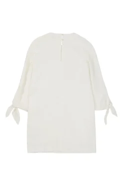 White cotton-blend seersucker pullover tie cuff shift dress