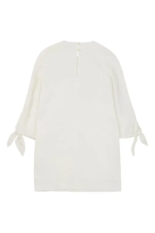 White cotton-blend seersucker pullover tie cuff shift dress