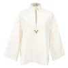 White cotton-blend VGold spread tab collar plunge neck dolman sleeve pullover blouse