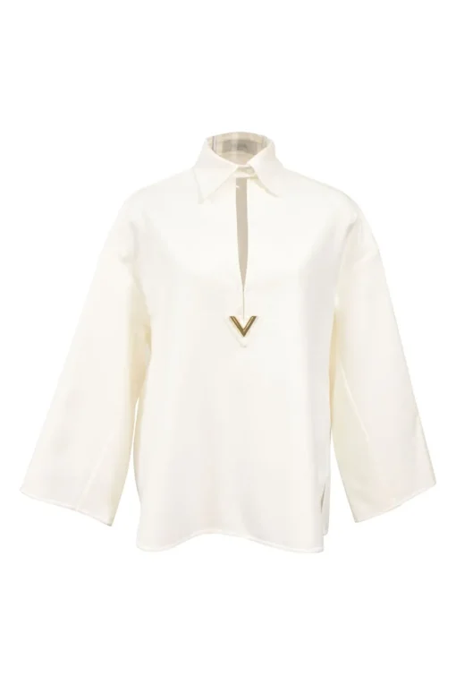 White cotton-blend VGold spread tab collar plunge neck dolman sleeve pullover blouse