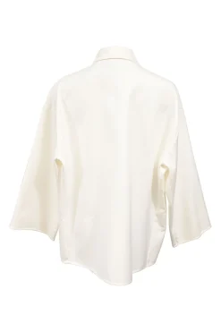 White cotton-blend VGold spread tab collar plunge neck dolman sleeve pullover blouse