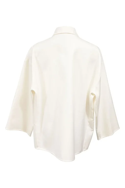 White cotton-blend VGold spread tab collar plunge neck dolman sleeve pullover blouse