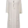 White cotton-polyamide blend terry knit spread collar shift dress with button-loop fastening and hip patch pockets