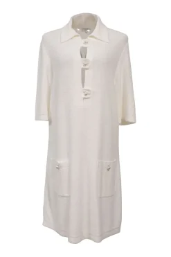 White cotton-polyamide blend terry knit spread collar shift dress with button-loop fastening and hip patch pockets