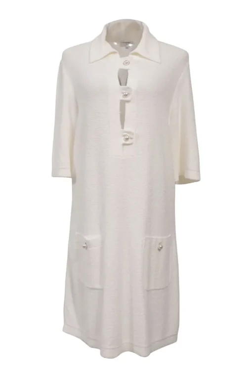 White cotton-polyamide blend terry knit spread collar shift dress with button-loop fastening and hip patch pockets