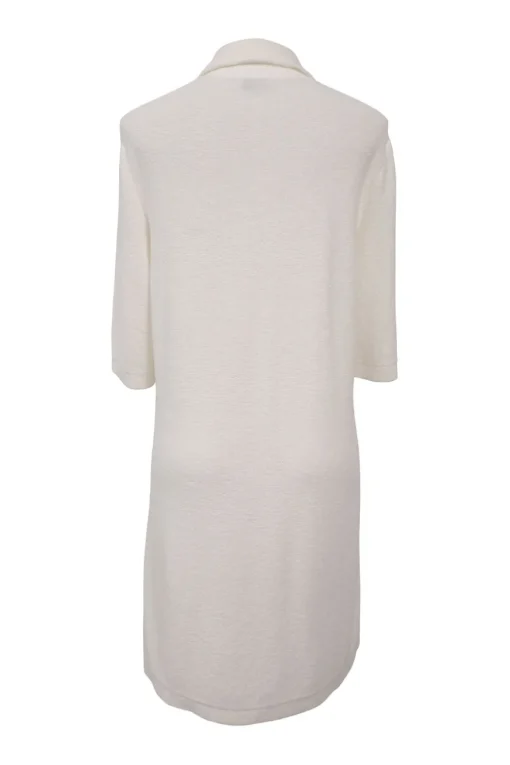 White cotton-polyamide blend terry knit spread collar shift dress with button-loop fastening and hip patch pockets
