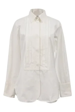 White cotton-poplin tuck-pleat bib classic-collar tuxedo shirt