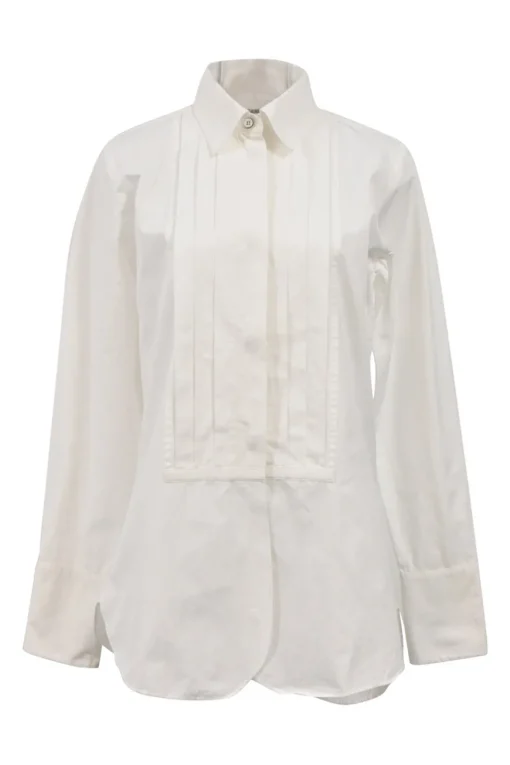 White cotton-poplin tuck-pleat bib classic-collar tuxedo shirt