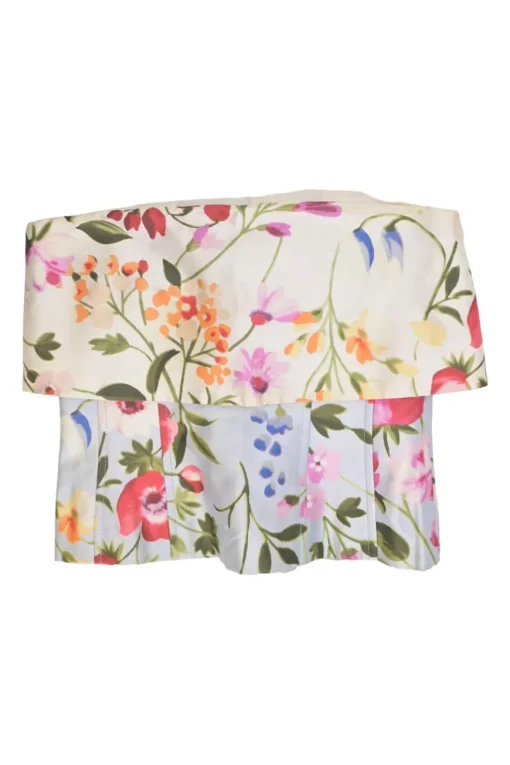 White cotton-silk blend floral print off-shoulder ruffle top