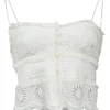 White cotton-silk blend floral eyelet-trimmed button-front ruffled camisole with fixed tubular straps