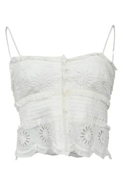White cotton-silk blend floral eyelet-trimmed button-front ruffled camisole with fixed tubular straps