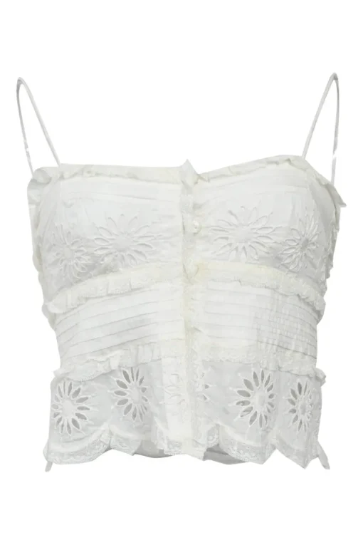White cotton-silk blend floral eyelet-trimmed button-front ruffled camisole with fixed tubular straps