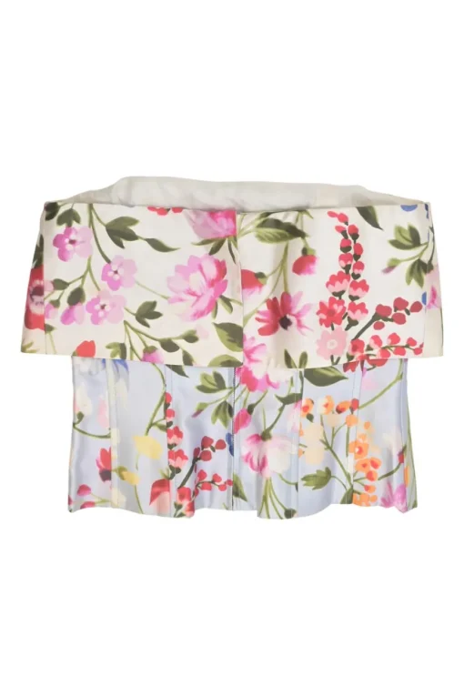 White cotton-silk blend floral print off-shoulder ruffle top