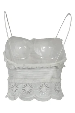 White cotton-silk blend floral eyelet-trimmed button-front ruffled camisole with fixed tubular straps